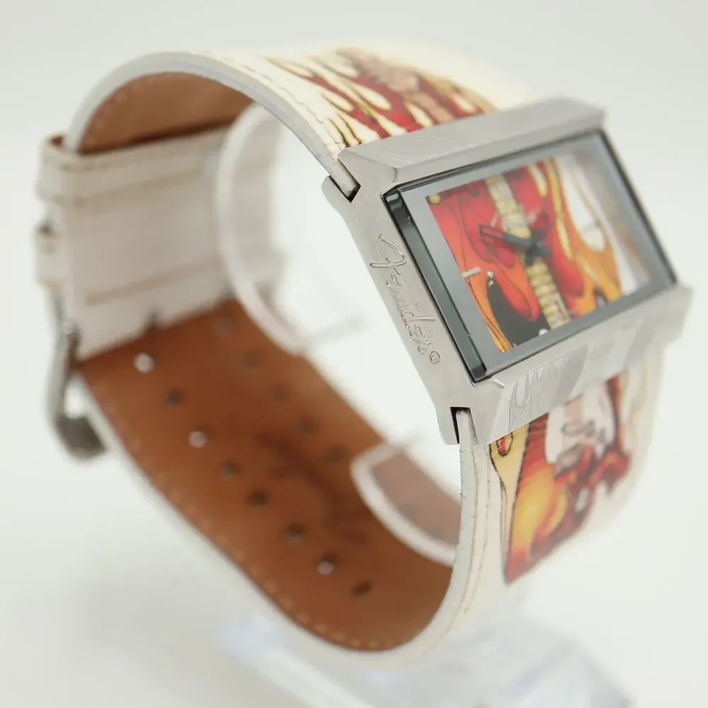 Fender Guitars Flames Skull White Leather 42mm Watch Y2K Rare w New Battery